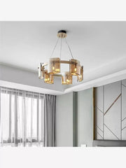 Lustra suspendata moderna cu 6 becuri G9, abajururi din sticla ambrata si cadru circular auriu, 25W, diametru 600mm