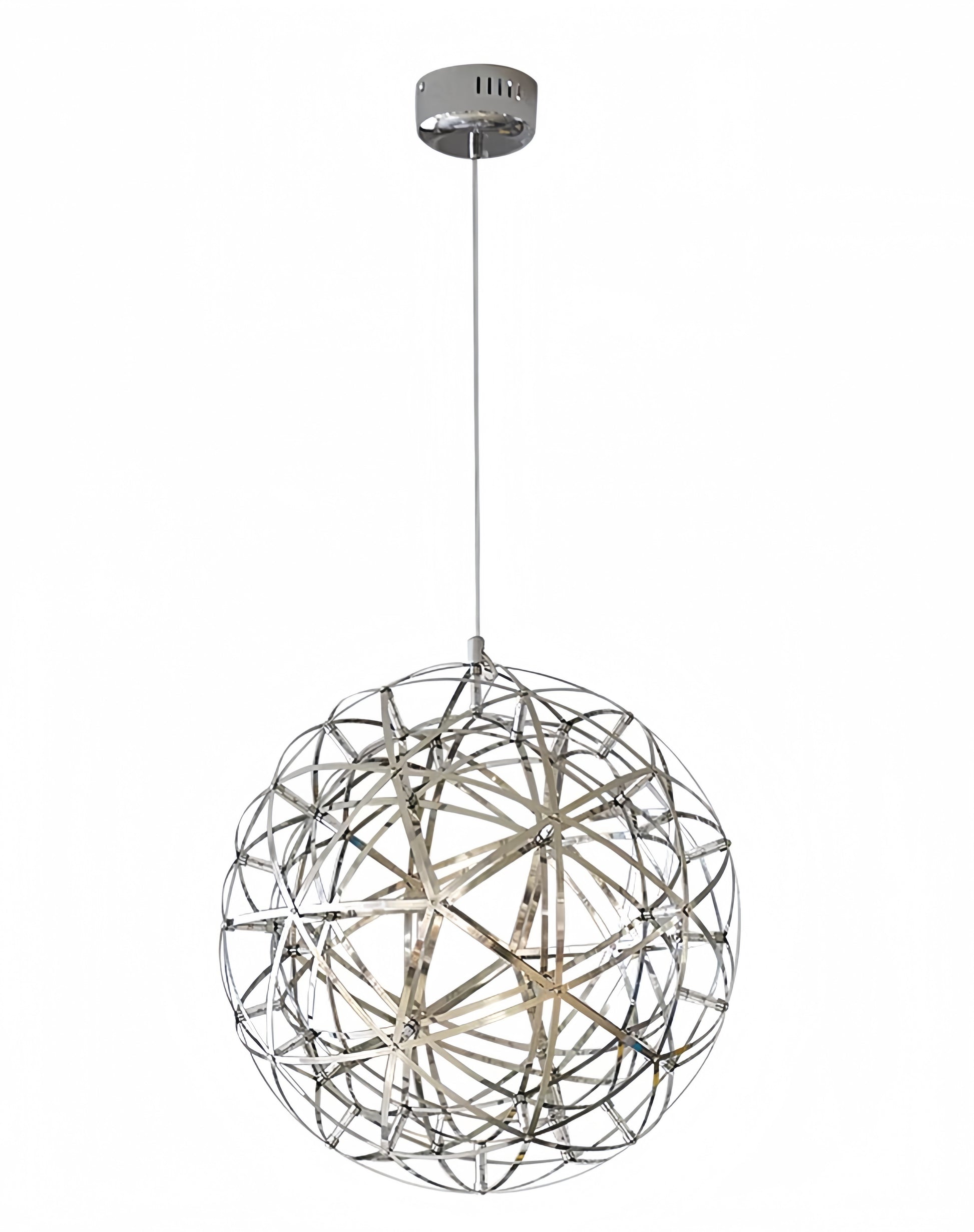 Lustra LED sferica din metal cromat, design geometric intretesut, suspendata pe cablu reglabil, fond alb