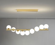 Lustra suspendata cu bara aurie si 9 globuri din acril opal, soclu G9, lungime 145 cm, design nordic modern