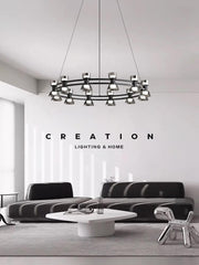 Lustra LED circulara 72W suspendata, rama neagra mata cu abajururi din sticla fumata, lumina neutra 4000K, living modern