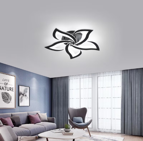 Plafoniera LED florala neagra montata in living modern, iluminare ambientala calda