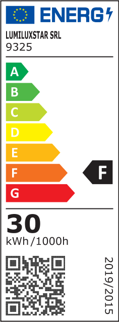 Eticheta energetica clasa F, consum 30 kWh/1000h, aplica LED de perete 30W