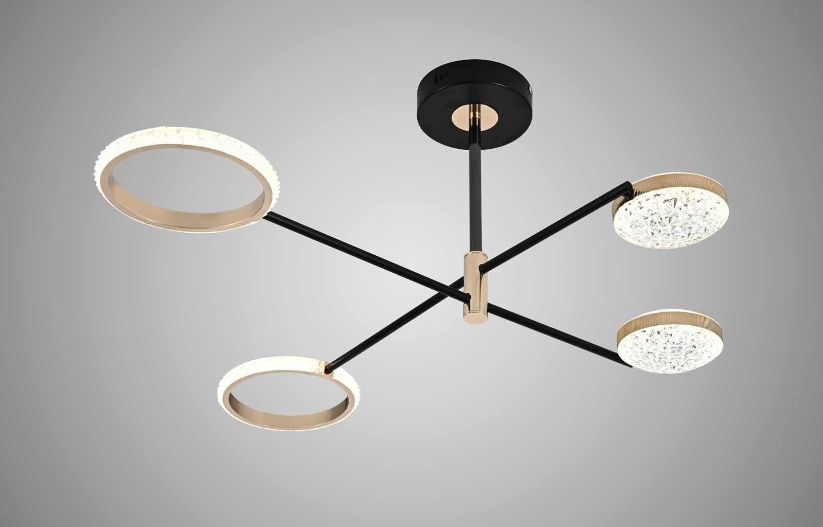 Lustra LED 42W cu telecomanda WiFi, inele si discuri cristaline auriu-negru, 3 temperaturi culoare, 2000 lm