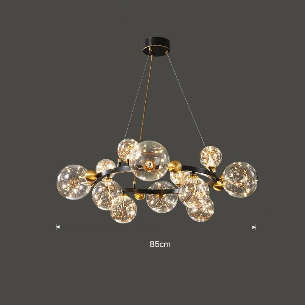 Lustra LED cu 12 globuri de sticla transparenta, 80W, lumina calda 3000K, diametru 85cm, structura negru-auriu