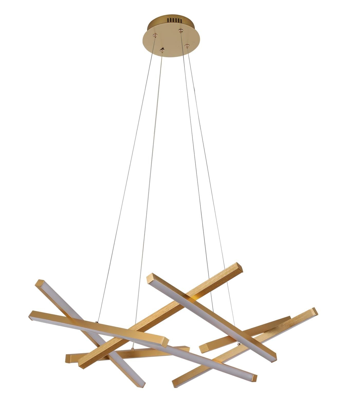 Lustra LED pendul design geometric, bare aurii mat incrucisate, intensitate dimmabila WiFi