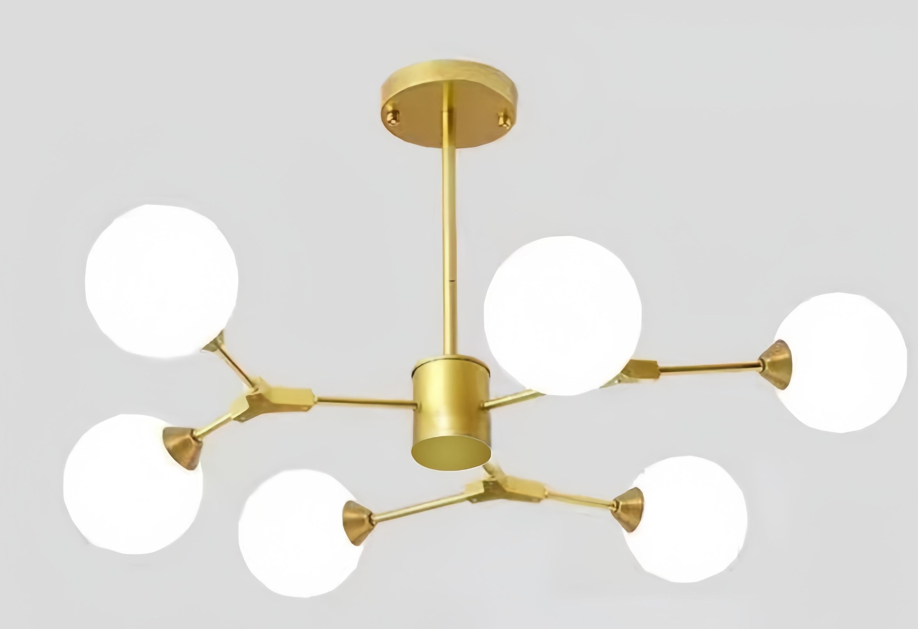 Lustra moderna 6 globuri mat acril, structura metalica aurie, soclu G9, 25W, design molecular, montaj tavan