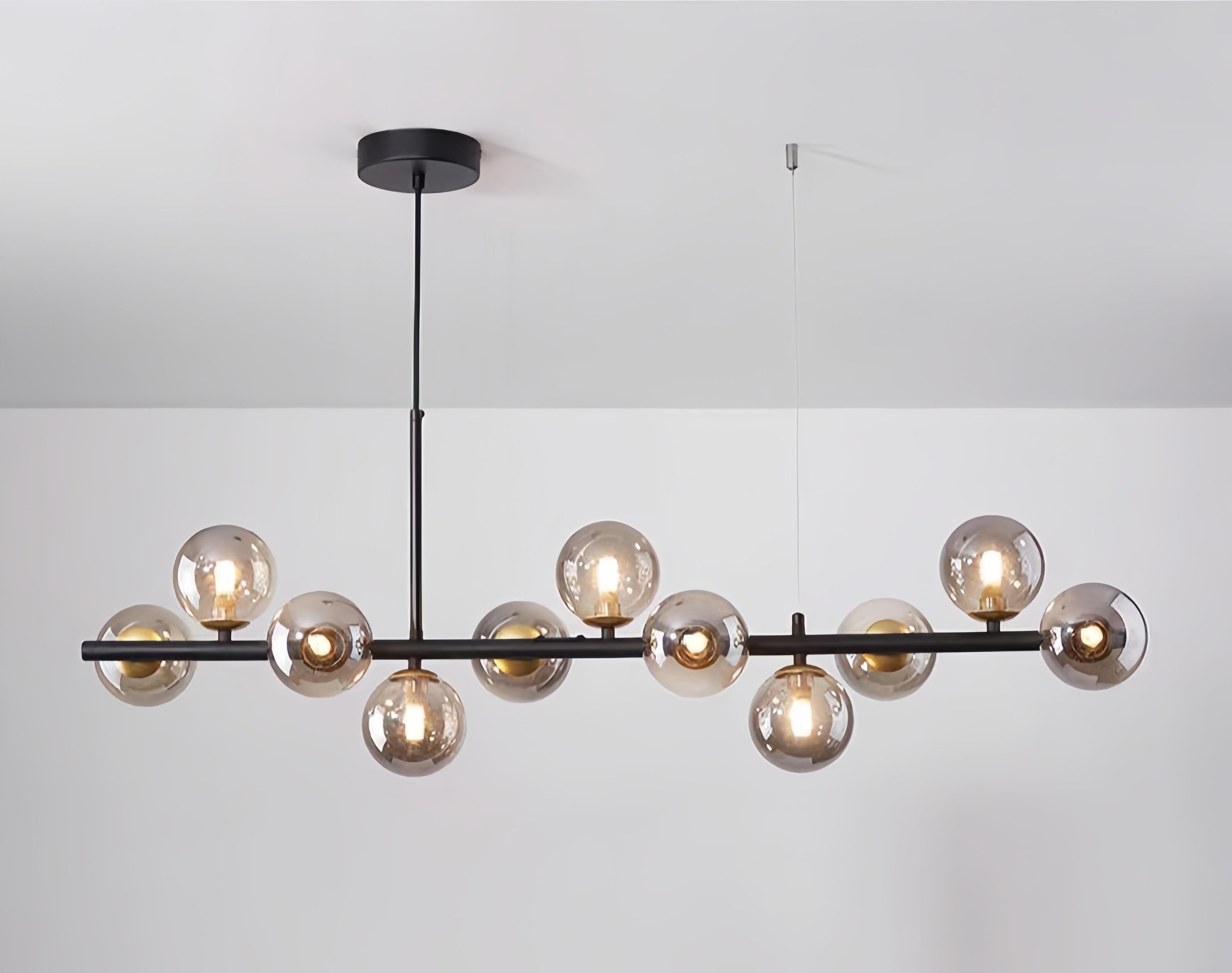 Lustra suspendata cu 11 globuri din sticla fumurie, bara neagra mata, soclu G9, latime 110 cm, design modern