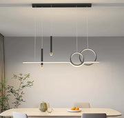 Lustra LED suspendata 98W cu bara liniara, inele si spoturi, lumina calda reglabila, deasupra mesei de dining