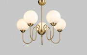 Candelabru retro 5 brate E27, structura aurie mata, globuri sticla alba opaca, diametru 530mm