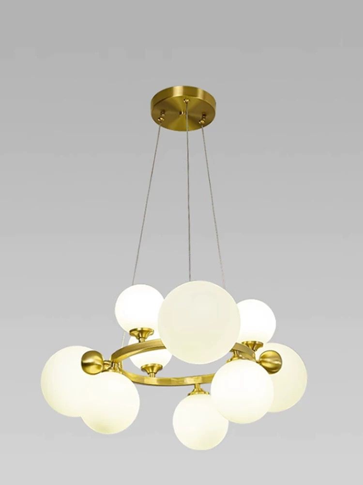 Lustra suspendata cu 9 globuri opalescente G9, rama circulara aurie, design modern nordic, diametru 600mm