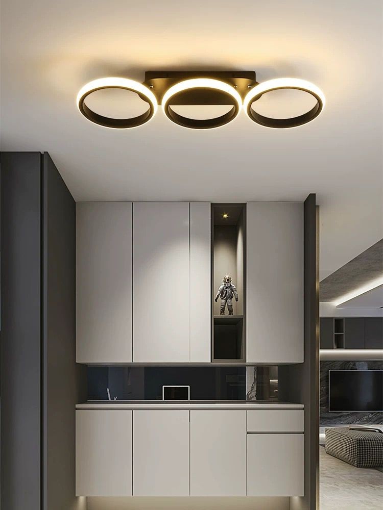 Lustra LED cu inele circulare negre mat, instalata pe tavan deasupra unui hol modern, lumina alba calda