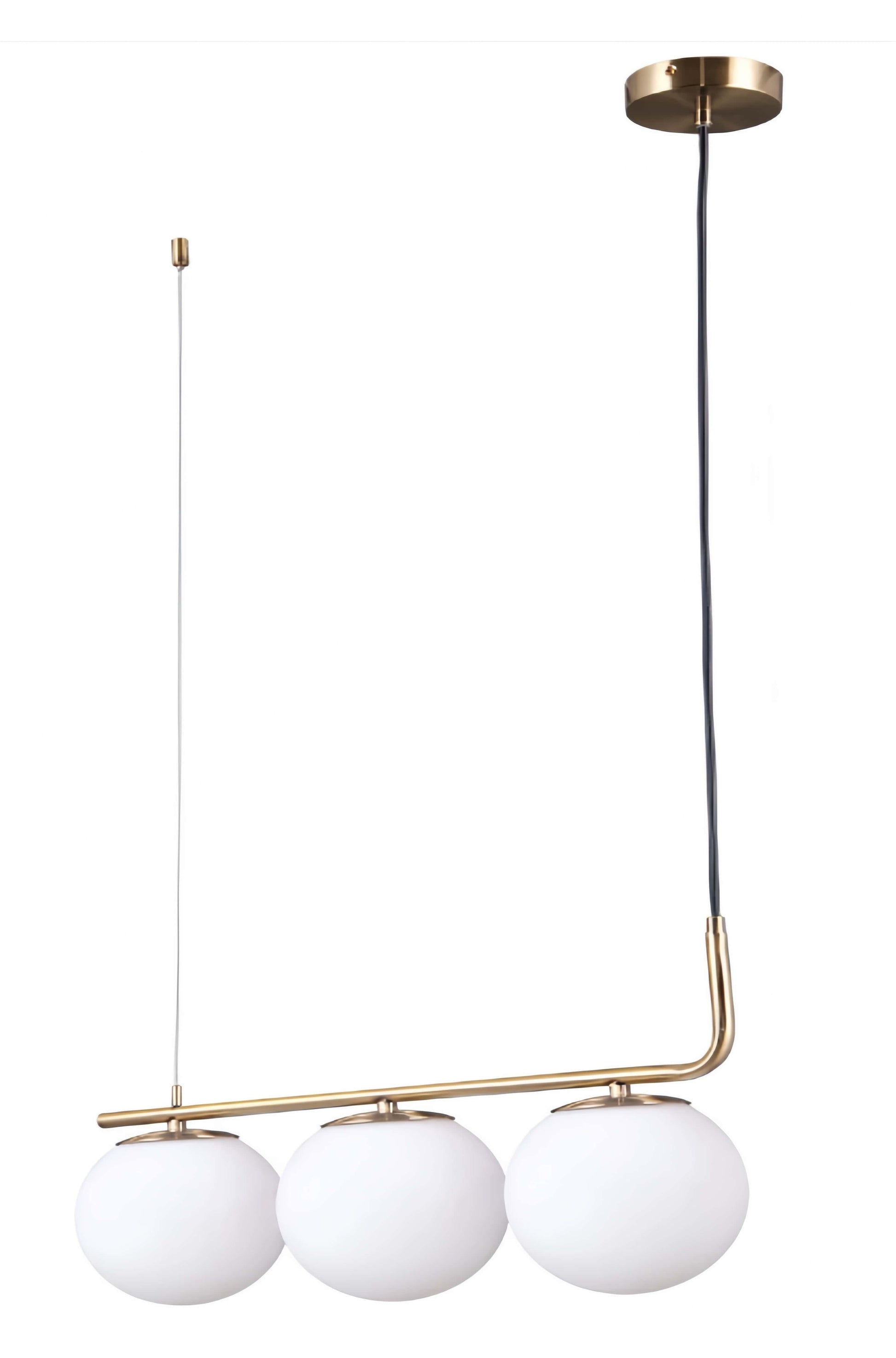 Lustra suspendata cu 3 globuri sticla opalina, bara aurie mat, soclu E27, lungime 510 mm, reglabila pana la 1000 mm