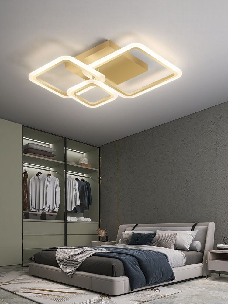 Lustra LED 88W auriu, 3 module patrate, montaj tavan, lumina calda in dormitor modern