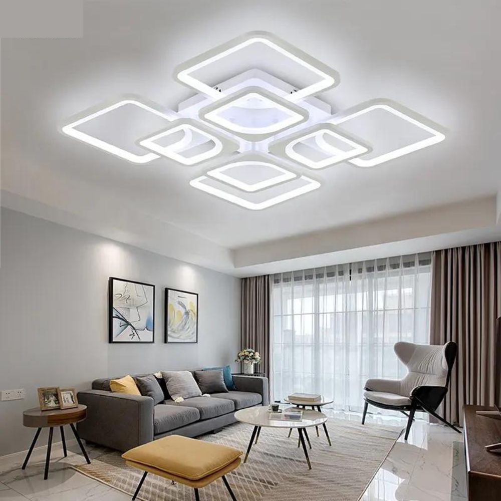 Lustra LED aplicata tavan 220W 8800lm, cadre patrate din acril, lumina reglabila calda/rece, montata in living modern