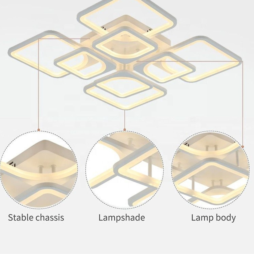 Plafoniera LED cu rame patrate din acril - detalii chassis, abajur si corp lampa