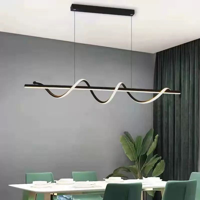 Lustra LED suspendata 106W cu design val negru-alb, temperatura reglabila 3000-6500K, deasupra mesei de dining