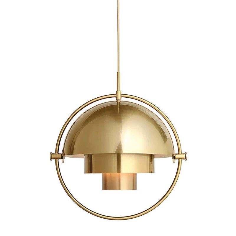 Lustra suspendata cu abajur sferic auriu lustruit si inel circular metalic, design geometric decorativ