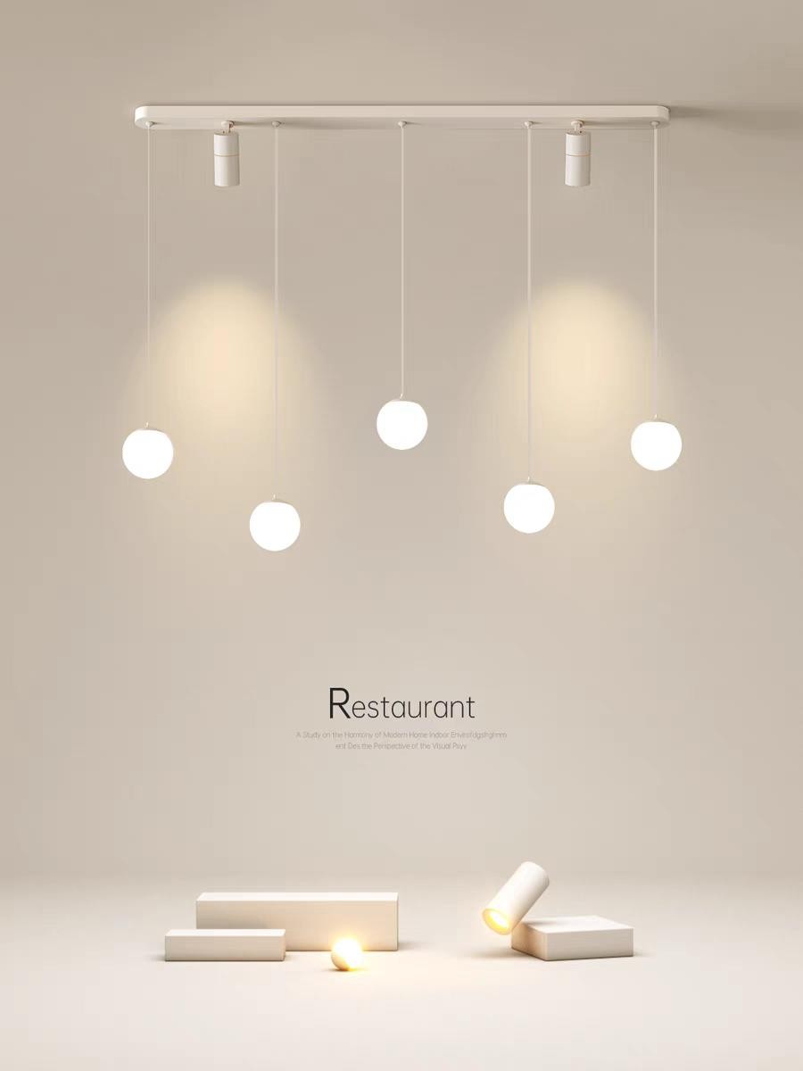 Lustra LED suspendata 56W cu 5 globuri albe mat si bara liniara, telecomanda inclusa, design minimalist pentru dining
