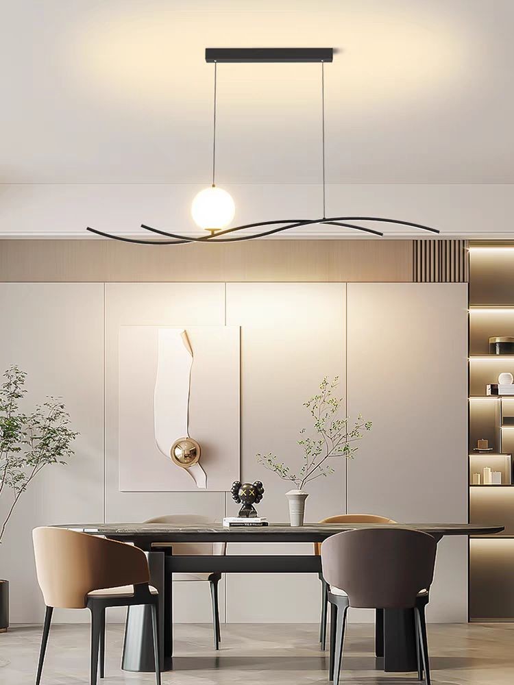 Lustra LED suspendata 100W, forma de val cu glob opalin, lumina calda reglabila, montaj tavan, deasupra mesei de dining