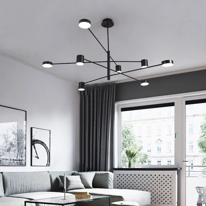 Lustra LED 100W 5000lm cu telecomanda WiFi, structura ramificata neagra cu 8 difuzoare acril, montaj tavan living