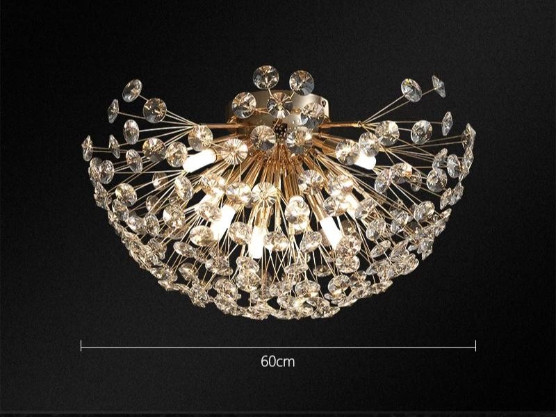 Lustra cristal semi-aplicata plafon, diametru 60cm, forma semisferica cu brate aurii si cristale transparente