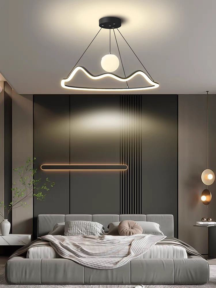 Lustra LED suspendata 78W design montan cu sfera opal, 3000-6500K, dimabila cu telecomanda, montaj tavan dormitor modern