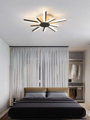 Lustra LED de tavan cu brate radiale negre, 70W, 3000K-6500K, dimabila cu telecomanda, montata in dormitor modern