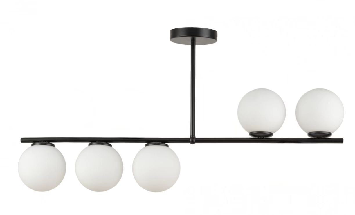 Lustra moderna cu 5 globuri albe pe bara neagra, 5xE27, montaj tavan, design asimetric minimalist