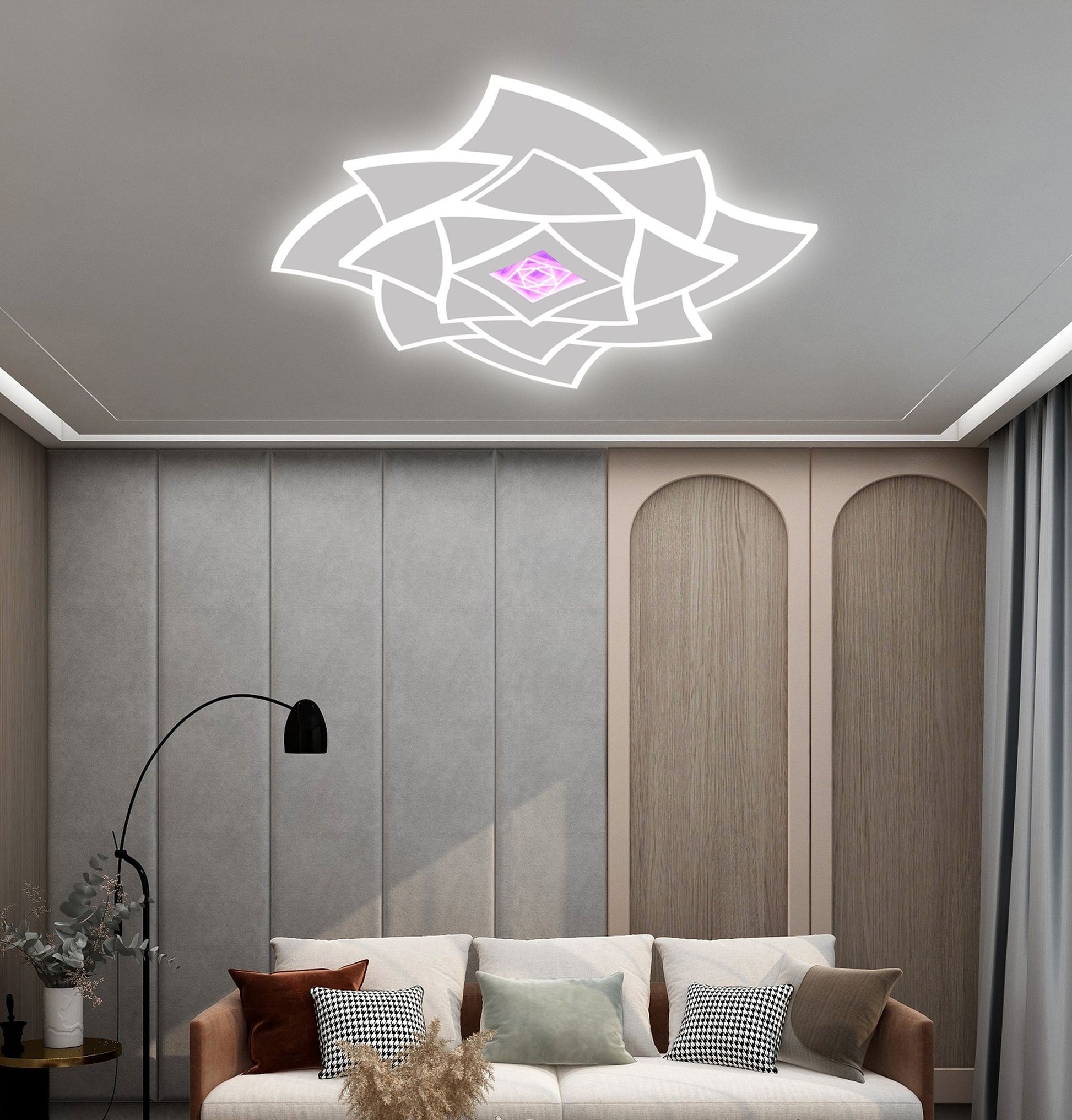 Plafoniera LED aplicata tavan, design floral alb, montata in living modern deasupra canapelei