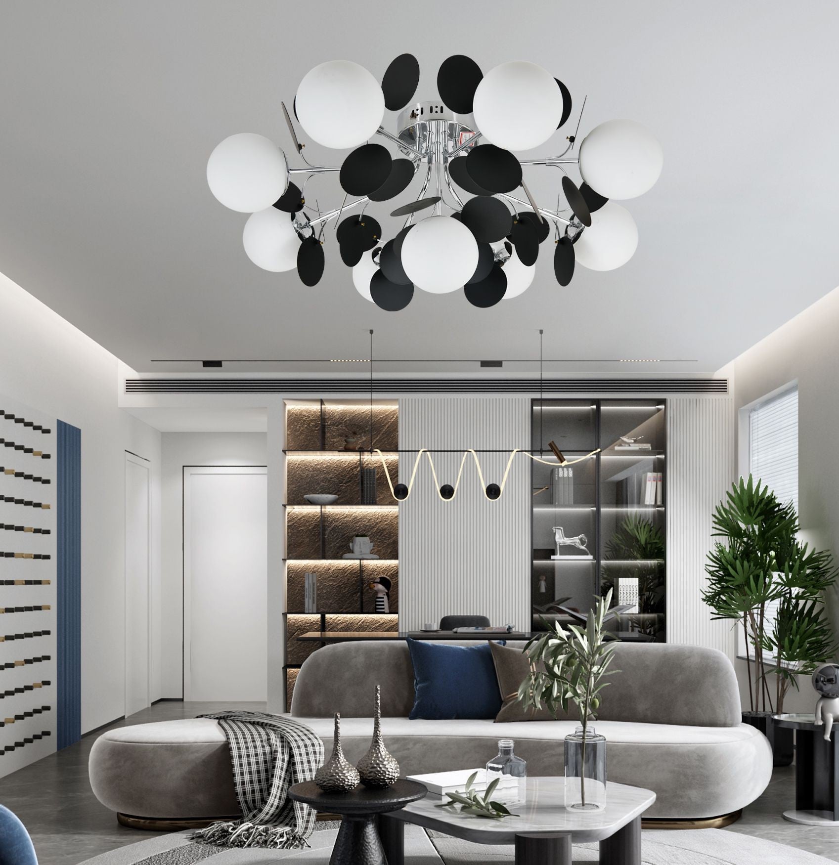 Lustra semiplafon cu 9 globuri albe si cadru cromat, integrata intr-un living modern luminos