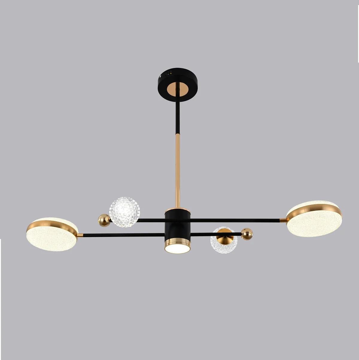 Lustra LED suspendata 60W negru-auriu, discuri acrilice si glob cristal, lumina reglabila 3000K-6500K, telecomanda WiFi