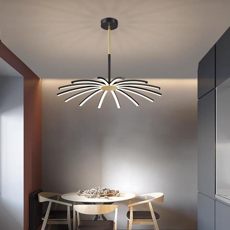 Lustra LED suspendata 140W 6000lm cu brate radiale negre si aurii, reglabila WiFi, deasupra mesei de dining