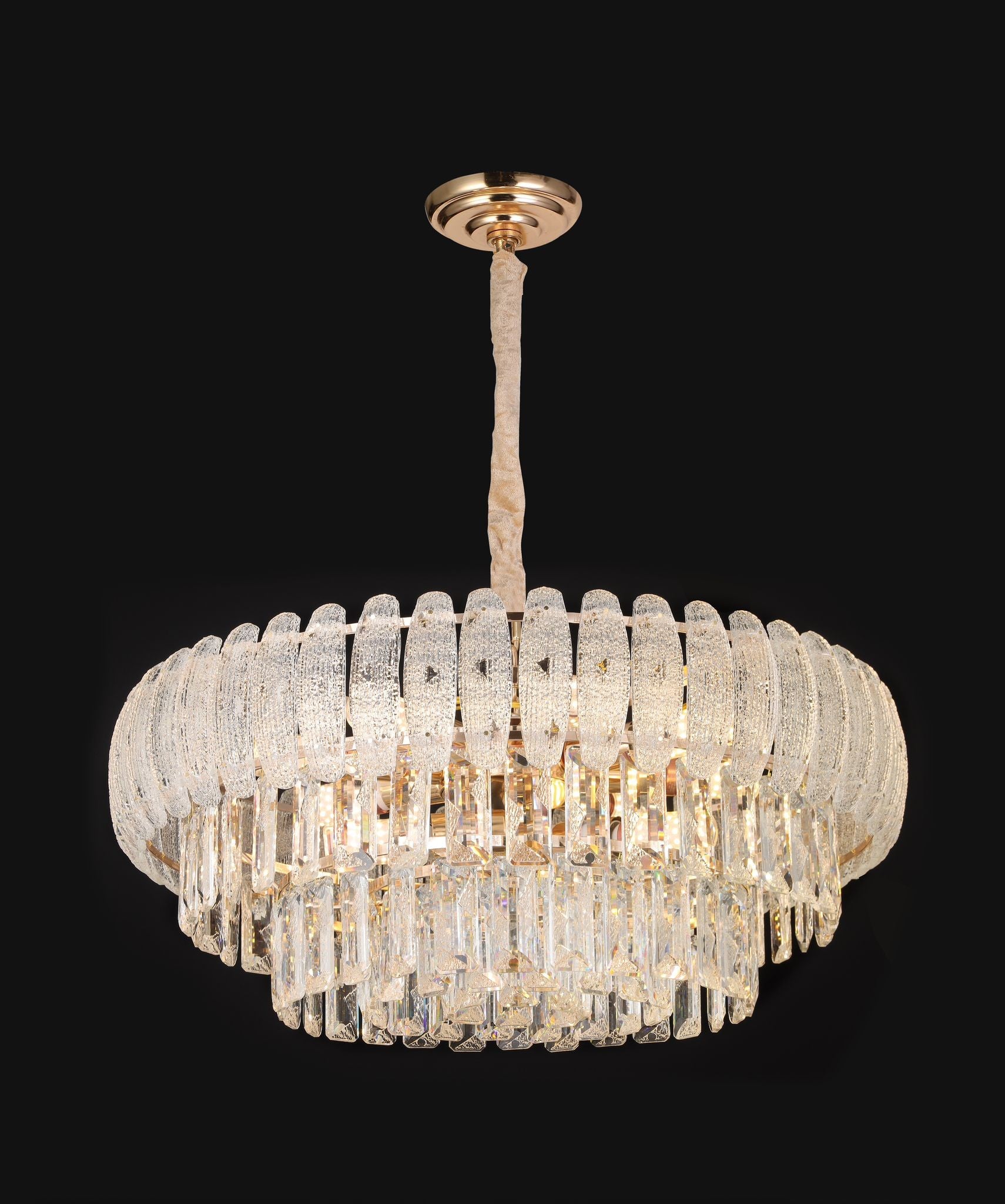 Candelabru cristal modern D55cm, 12xE14, doua niveluri cu cristale fatetate si finisaj auriu, montaj suspendat tavan