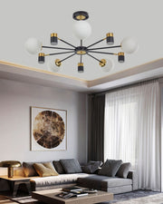 Lustra sputnik cu 5 brate negru-auriu si globuri alb mat, 30W E27x5, montaj tavan, living modern