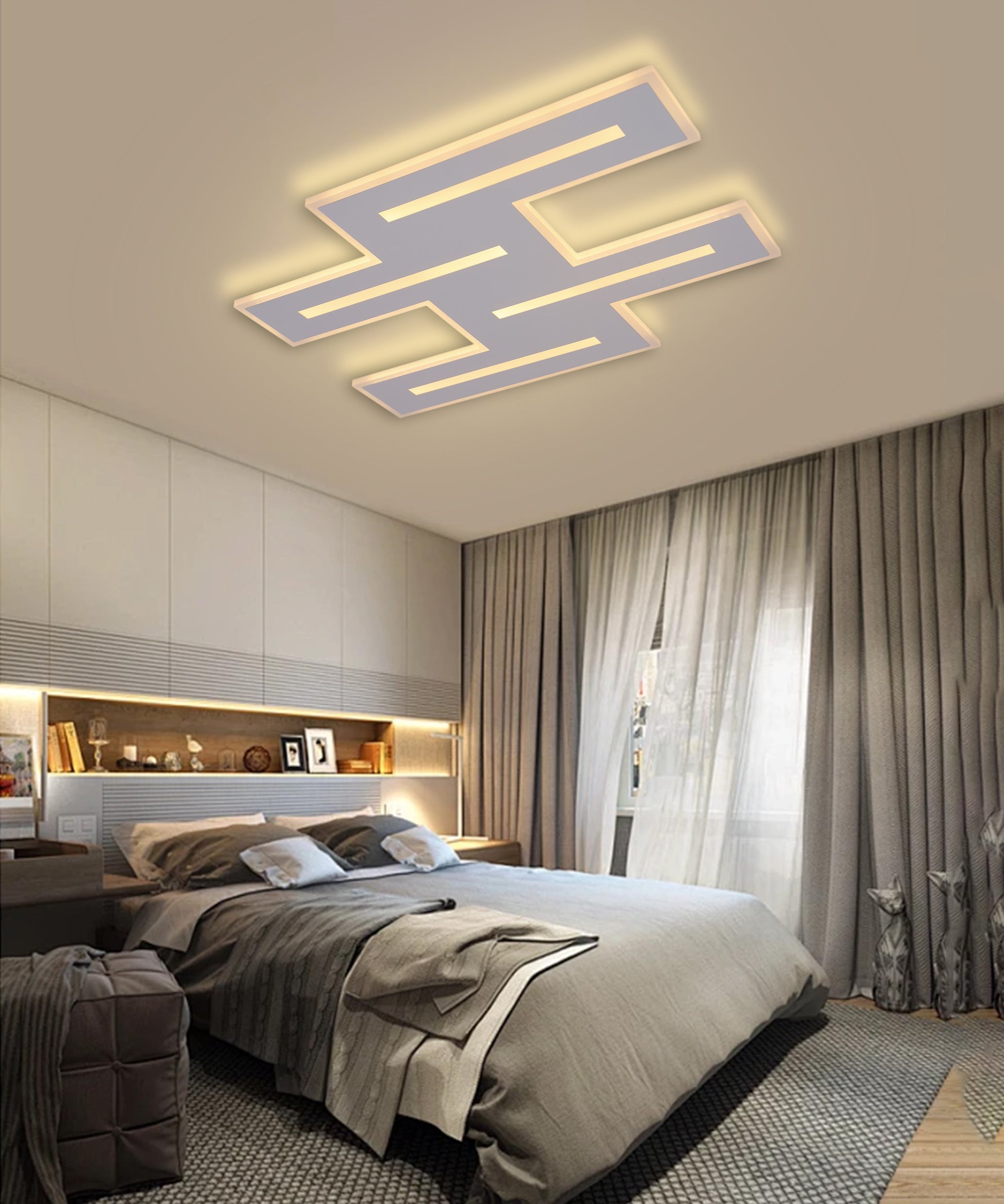 Plafoniera LED 110W design geometric asimetric, lumina calda reglabila, montaj tavan, intr-un dormitor modern