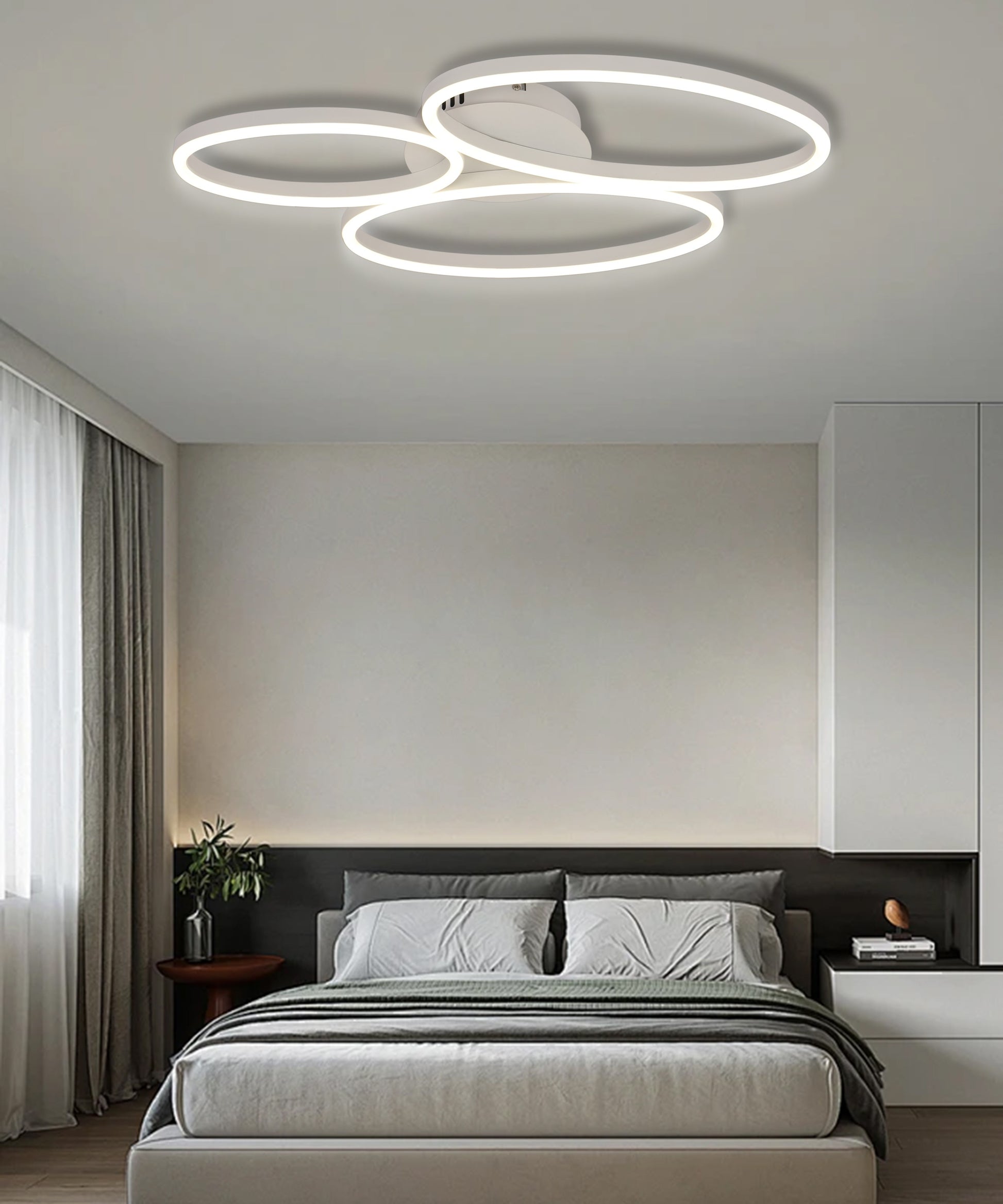 Lustra LED 43W cu 3 inele, montaj tavan, lumina reglabila alb cald/rece, design modern in dormitor