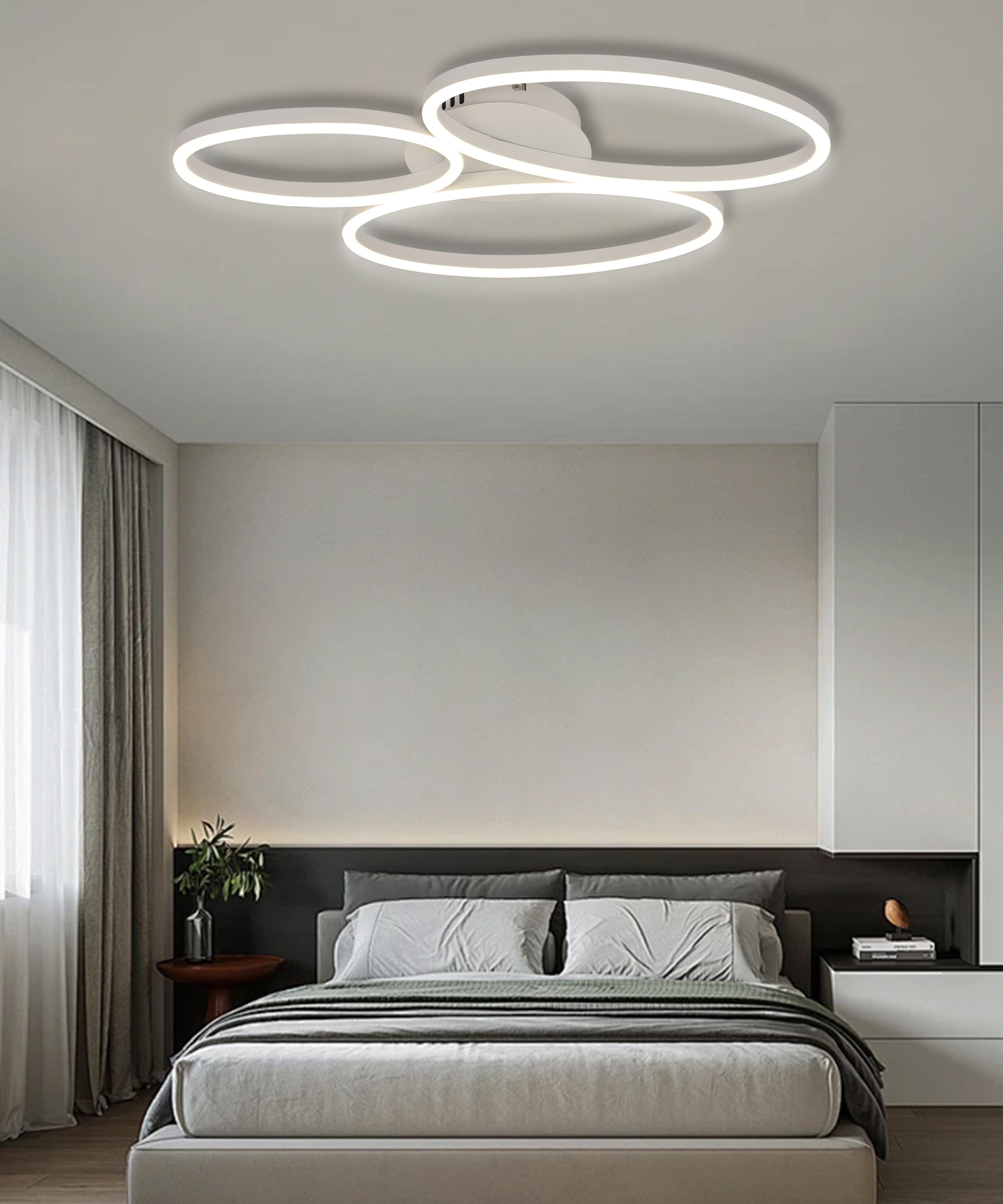 Lustra LED 43W cu 3 inele, montaj tavan, lumina reglabila alb cald/rece, design modern in dormitor