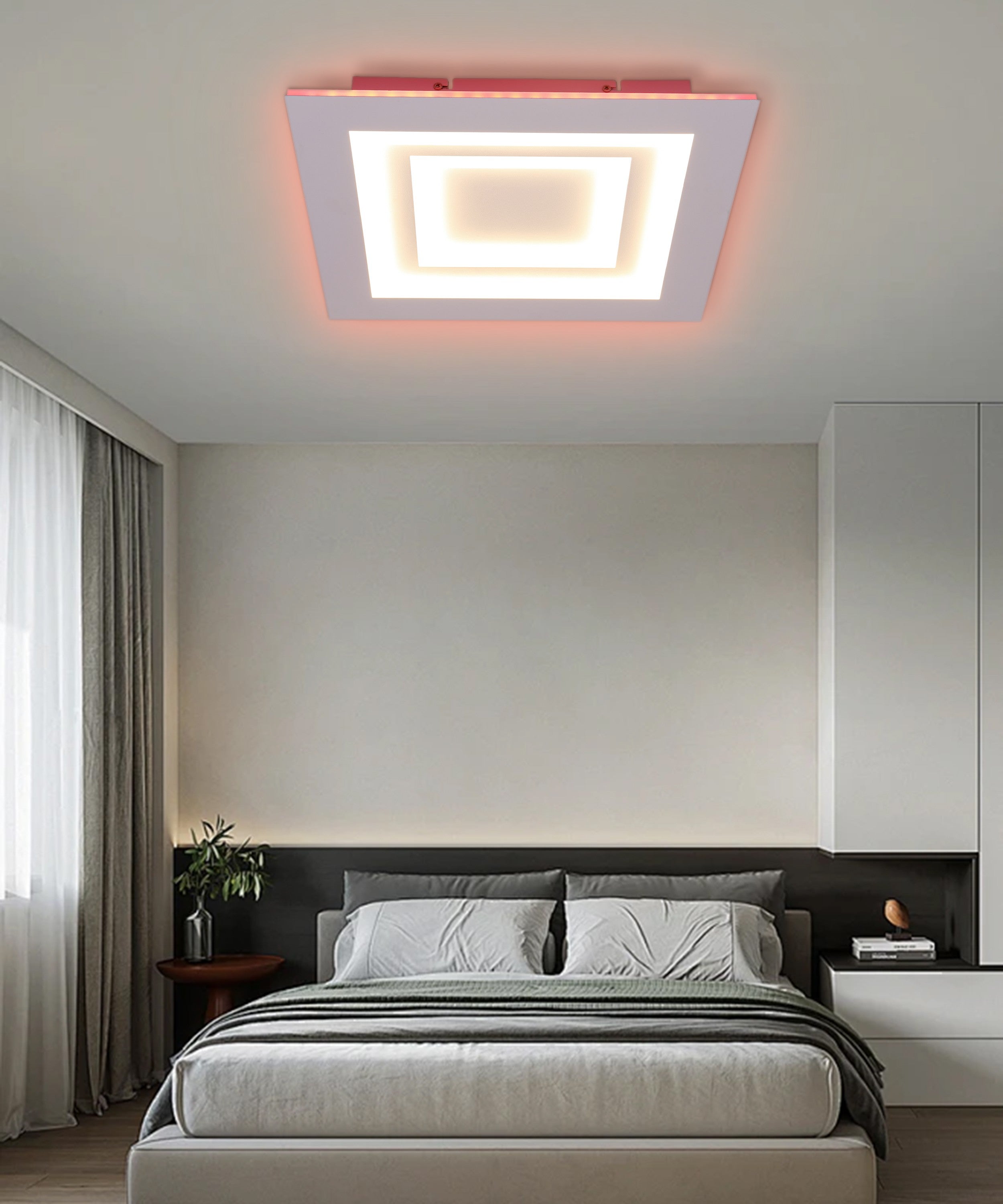 Plafoniera LED patrata in dormitor, lumina calda 3000K si iluminat ambiental rosu pe margini
