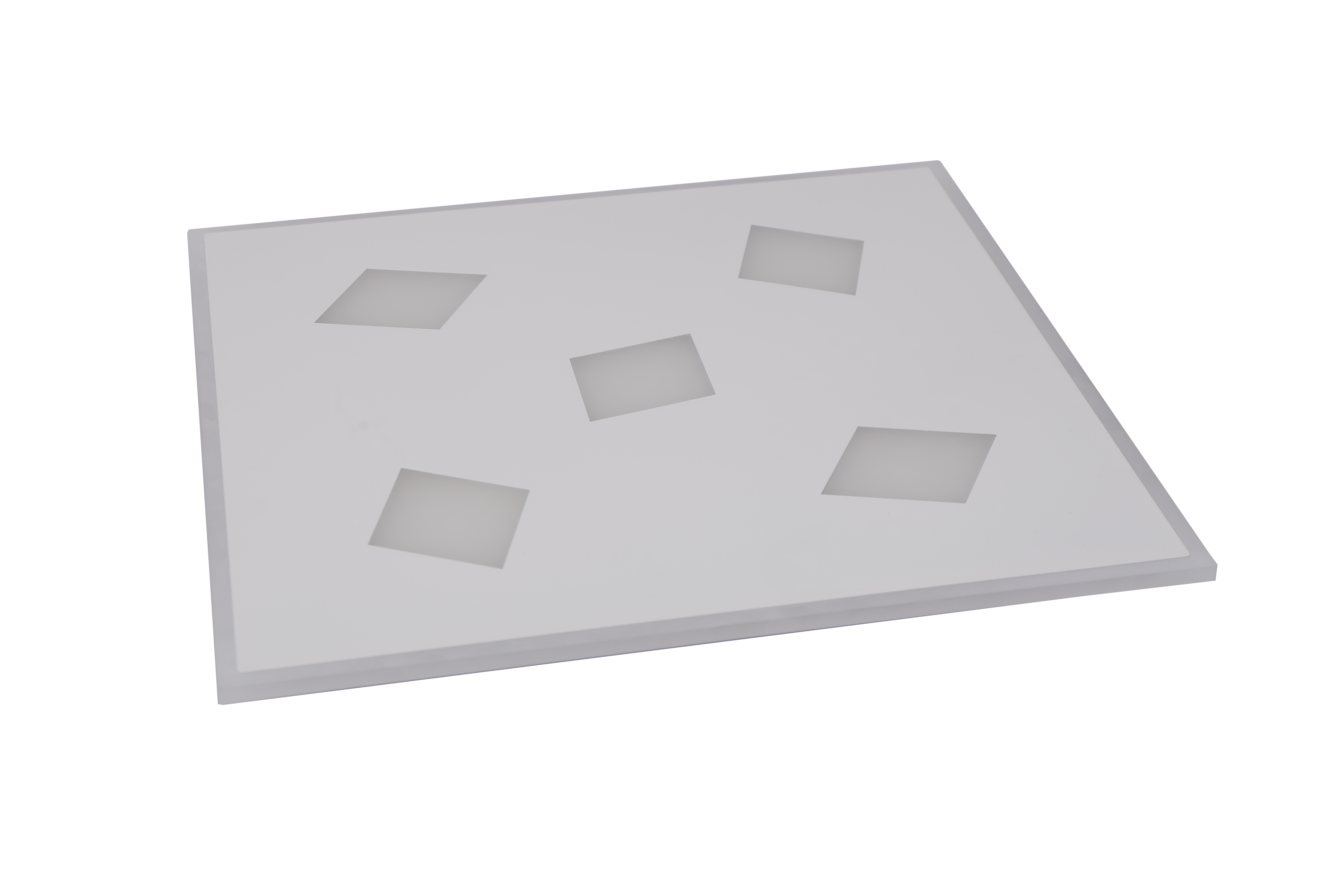 Plafoniera LED patrata 500x500mm, carcasa alba din metal si acril, 5 module decorative, stinsa