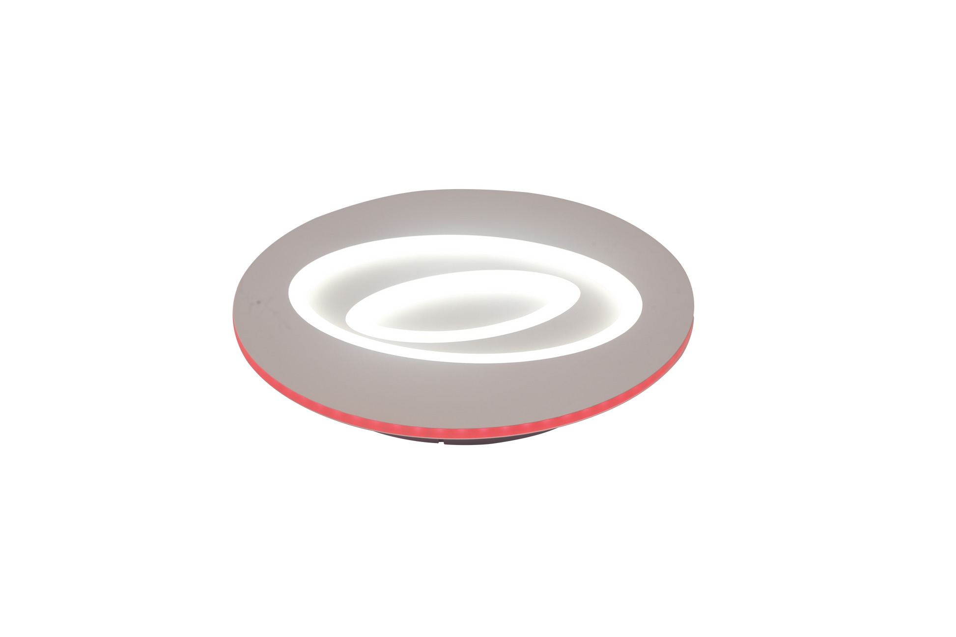 Plafoniera LED rotunda aprinsa cu lumina alba rece si banda RGB rosie la margine, fond alb
