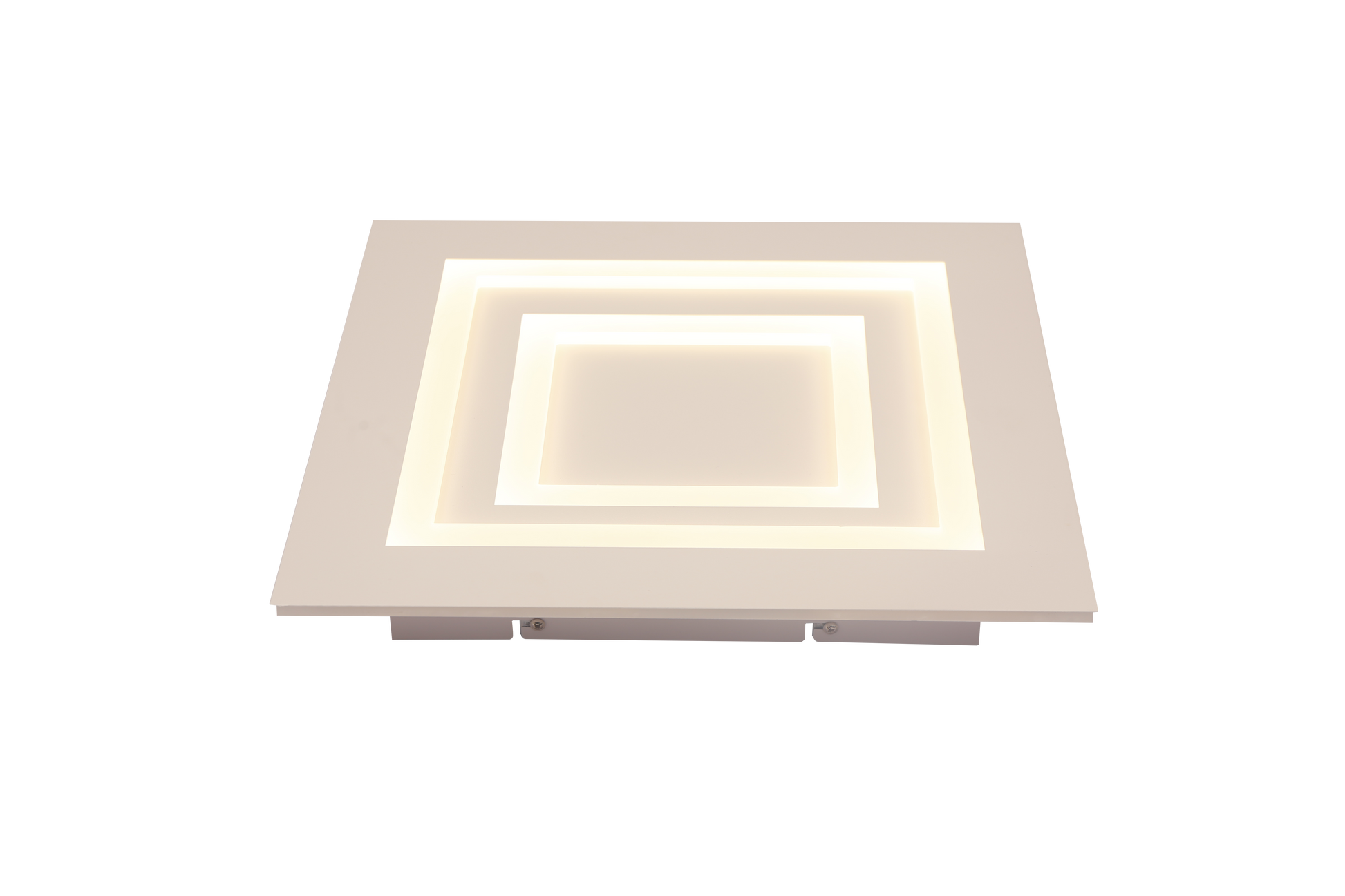 Plafoniera LED patrata aprinsa cu lumina calda 3000K, vedere izometrica pe fundal alb