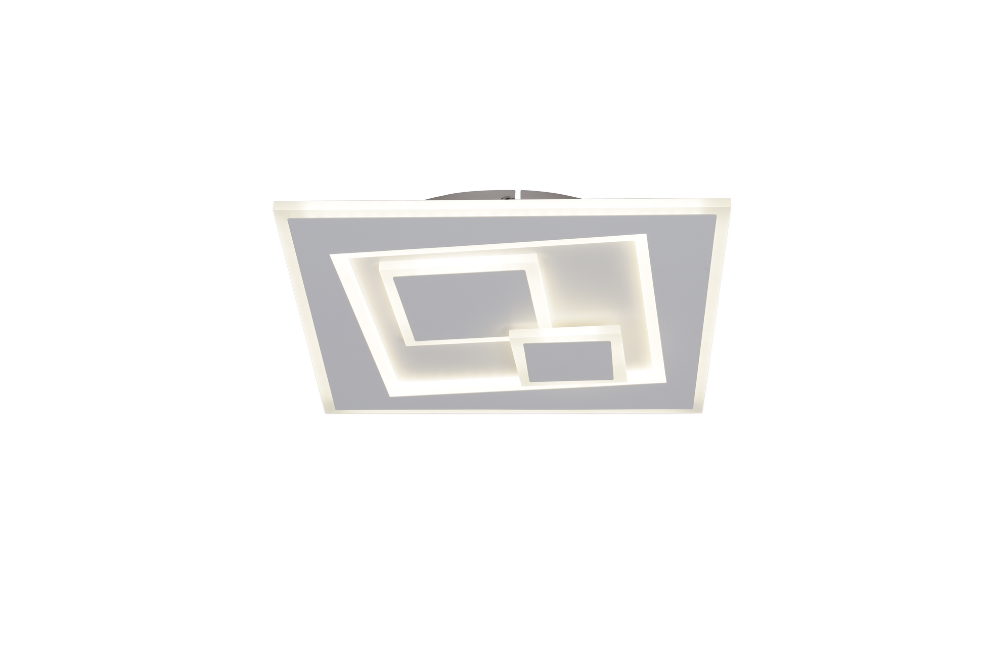 Plafoniera LED patrata aprinsa lumina neutra, patrate suprapuse iluminate, fond alb