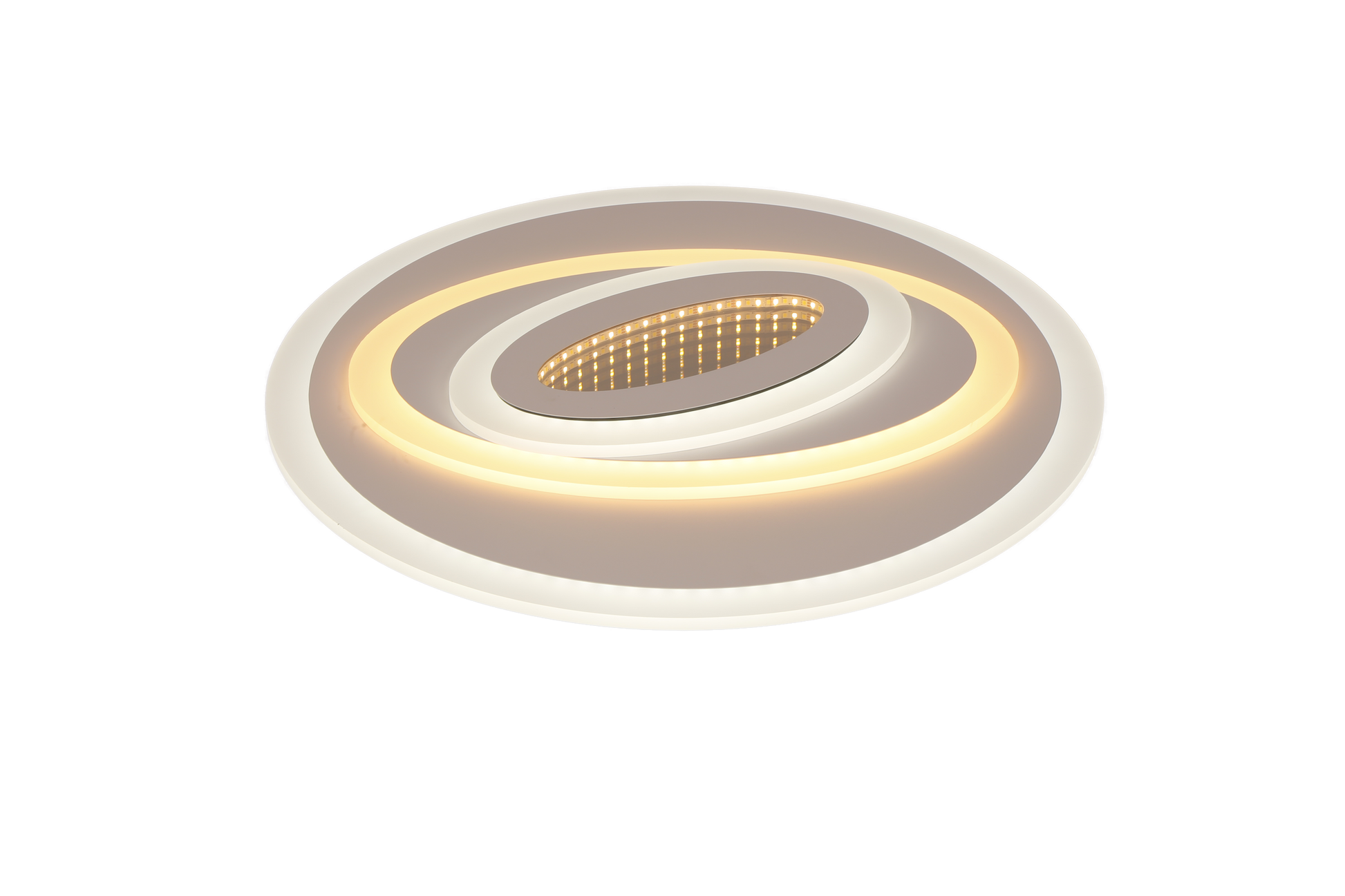 Plafoniera LED 3D cu lumina calda, vedere izometrica pe fond alb, inele spiralate din acril