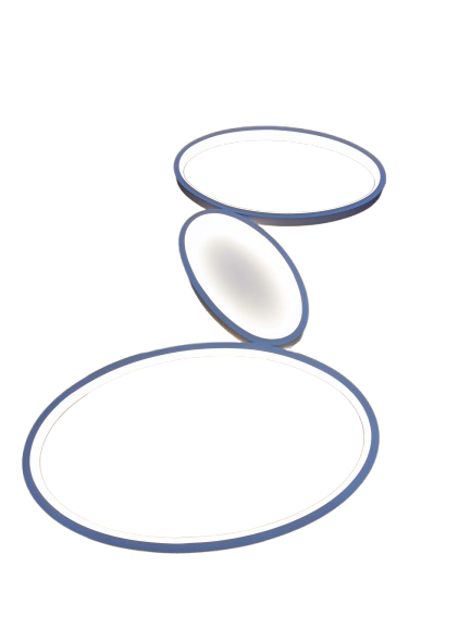 Plafoniera LED cu trei corpuri ovale articulate, vedere laterala 3D pe fond alb
