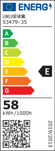 Eticheta energetica clasa E, consum 58 kWh/1000h, plafoniera LED tavan