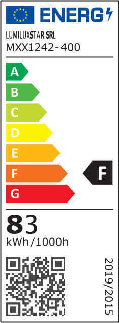 Eticheta energetica clasa F, consum 83 kWh/1000h, plafoniera LED RGB 83W