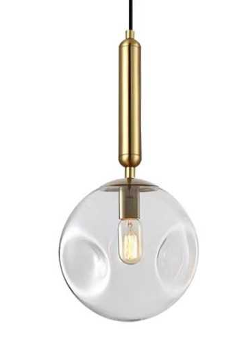 Pendul individual glob de sticla transparenta cu suport auriu mat, soclu E27, detaliu constructie