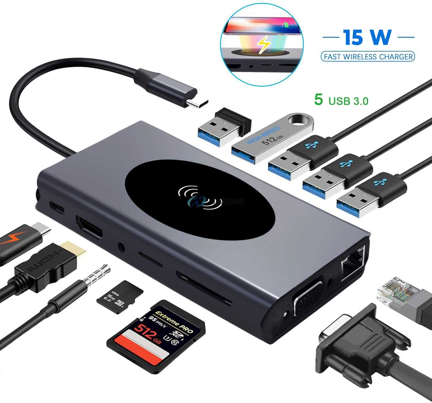 Adaptor Hub Multifunctional 13 in 1 ElectroAZ,Incarcare Wireless 15W,PD Port USB-C, HDMI 4K,VGA 1080P, 5 x USB 3.0, LAN RJ45 Audio Jack3,5mm