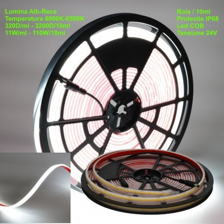 Banda Led 320 Cob - 24V - 11mm Alb-Rece 6500K, IP68 Submersibila - Rola/10ml