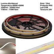 Banda Led 320 Cob - 24V - 10mm Alb-Neutru 4500K, IP65 Exterior - Rola/10ml